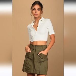 NWOT Zara Olive Green Twill Mini Skirt Paperbag Waist Utility Pocket. Size Small